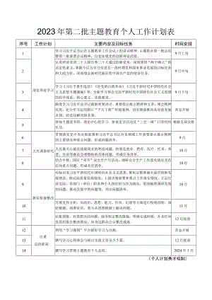 2023年第二批主题教育个人工作计划表.docx