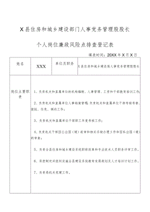 X县住房和城乡建设部门人事党务管理股股长个人岗位廉政风险点排查登记表.docx