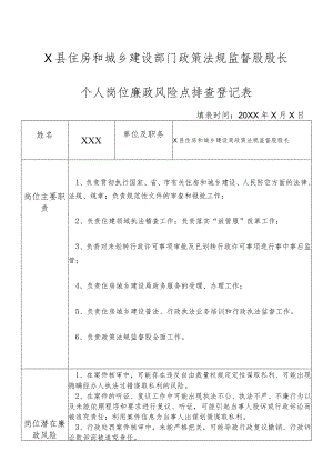 X县住房和城乡建设部门政策法规监督股股长个人岗位廉政风险点排查登记表.docx