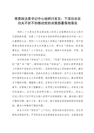 常委政法委书记中心组研讨发言：下深功夫实功夫 不折不扣推动党的决策部署落地落实.docx