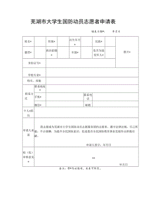 芜湖市大学生国防动员志愿者申请表.docx