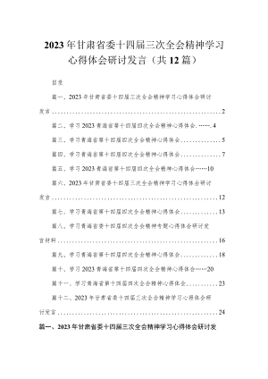 2023年甘肃省委十四届三次全会精神学习心得体会研讨发言【12篇】.docx