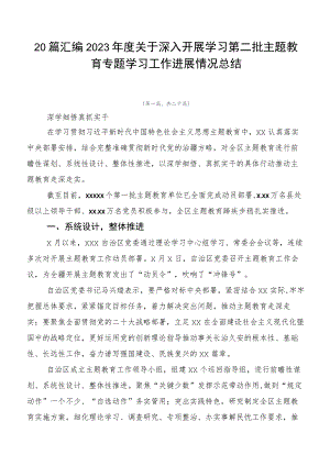 20篇汇编2023年度关于深入开展学习第二批主题教育专题学习工作进展情况总结.docx