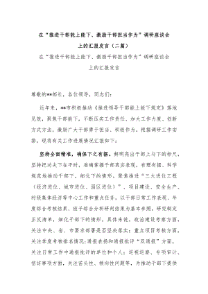 在“推进干部能上能下、激励干部担当作为”调研座谈会上的汇报发言(二篇).docx