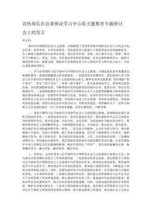 宣传部长在县委理论学习中心组主题教育专题研讨会上的发言.docx
