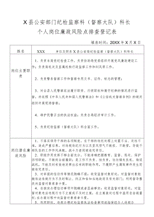 X县公安部门纪检监察科（督察大队）科长个人岗位廉政风险点排查登记表.docx