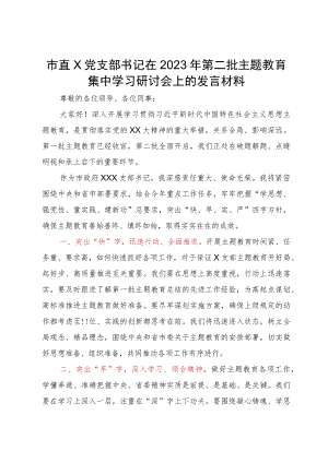 市直机关党支部书记在2023年第二批主题教育集中学习研讨会上的发言材料.docx