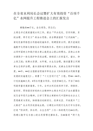 在全省水利局长会议暨扩大有效投资“百项千亿”水网提升工程推进会上的汇报发言.docx