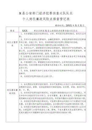 X县公安部门经济犯罪侦查大队队长个人岗位廉政风险点排查登记表.docx
