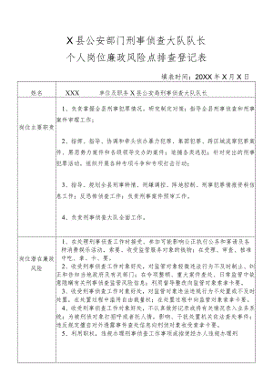 X县公安部门刑事侦查大队队长个人岗位廉政风险点排查登记表.docx