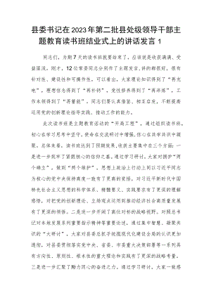 县委书记在2023年第一二批县处级领导干部主题教育读书班结业式上的讲话发言2篇（学思想、强党性、重实践、建新功）.docx