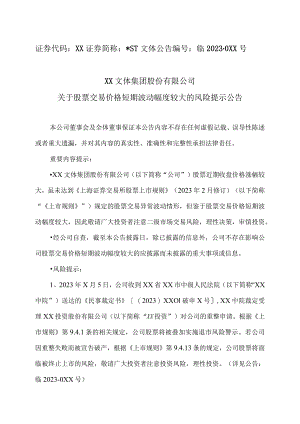 XX文体集团股份有限公司关于股票交易价格短期波动幅度较大的风险提示公告.docx
