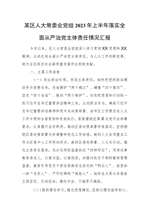 某区人大常委会党组2023年上半年落实全面从严治党主体责任情况汇报.docx