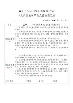 X县公安部门警务保障室干部个人岗位廉政风险点排查登记表.docx