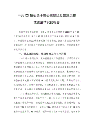 中共XX镇委关于市委巡察组反馈意见整改进展情况的报告（20230801） .docx