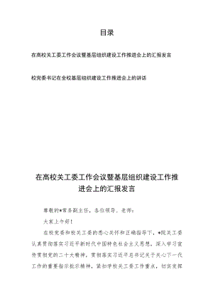 在高校关工委工作会议暨基层组织建设工作推进会上的汇报发言、校党委书记在全校基层组织建设工作推进会上的讲话.docx