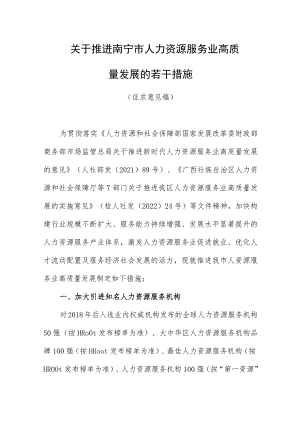 关于对推进南宁市人力资源服务业高质量发展的若干措施（征求意见稿）.docx