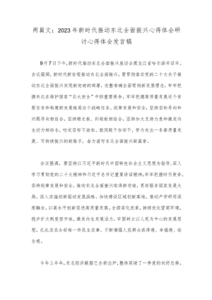 两篇文：2023年新时代推动东北全面振兴心得体会研讨心得体会发言稿.docx