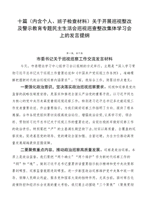 十篇关于开展巡视整改及警示教育专题民主生活会巡视巡查整改集体学习会上的发言提纲.docx