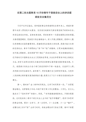 在第二批主题教育10月份青年干部座谈会上的讲话提纲发言合集范文.docx