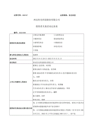 证券代码688167证券简称炬光科技西安炬光科技股份有限公司投资者关系活动记录表.docx