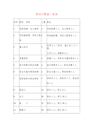 劳动力配备一览表.docx
