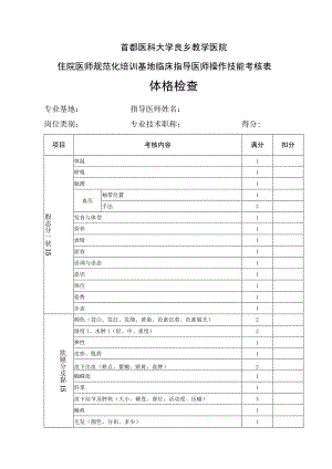 首都医科大学良乡教学医院住院医师规范化培训基地临床指导医师操作技能考核表体格检查.docx