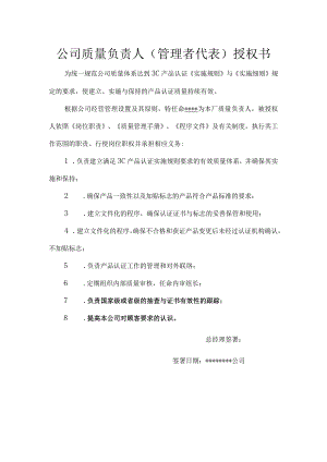 公司质量负责人（管理者代表）授权书.docx
