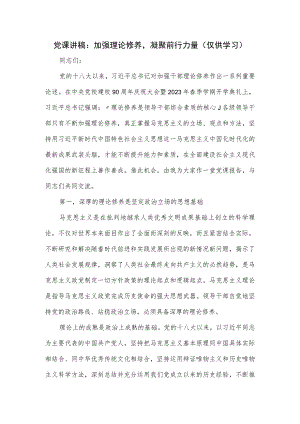 党课讲稿：加强理论修养凝聚前行力量.docx