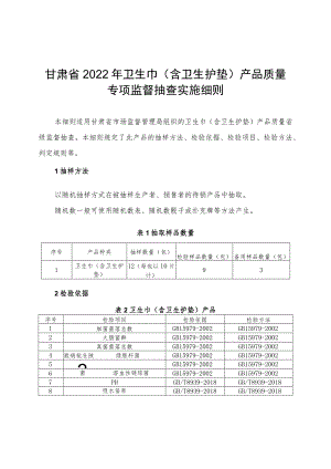 甘肃省2022年卫生巾含卫生护垫产品质量专项监督抽查实施细则.docx