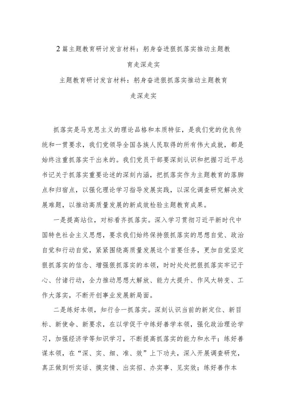 2篇主题教育研讨发言材料:躬身奋进狠抓落实推动主题教育走深走实.docx_第1页