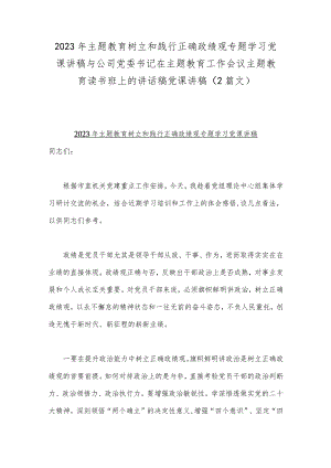 2023年主题教育树立和践行正确政绩观专题学习党课讲稿与公司党委书记在主题教育工作会议主题教育读书班上的讲话稿党课讲稿（2篇文）.docx