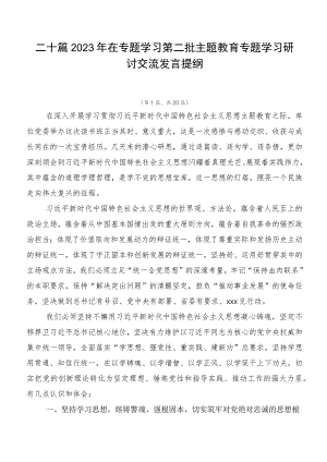 二十篇2023年在专题学习第二批主题教育专题学习研讨交流发言提纲.docx