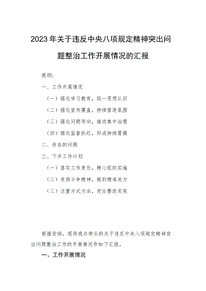 2023年关于违反中央八项规定精神突出问题整治工作开展情况的汇报.docx