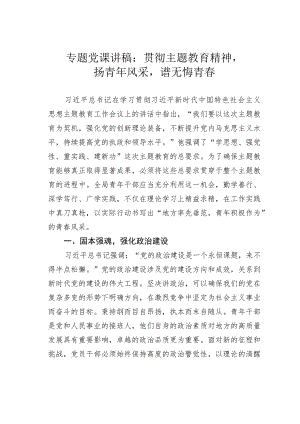 专题党课讲稿：贯彻主题教育精神扬青年风采谱无悔青春.docx