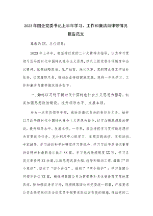 2023年国企党委书记上半年学习、工作和廉洁自律等情况报告范文.docx