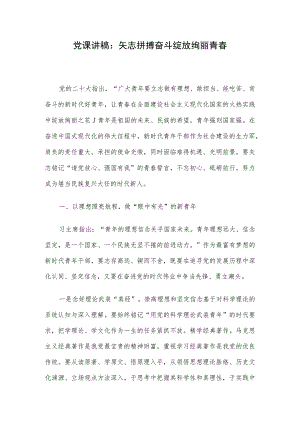 党课讲稿：矢志拼搏奋斗绽放绚丽青春.docx
