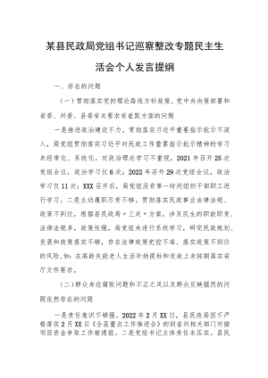 某县民政局党组书记巡察整改专题民主生活会个人发言提纲.docx