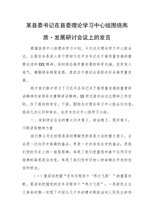 某县委书记在县委理论学习中心组围绕高质量发展研讨会议上的发言.docx