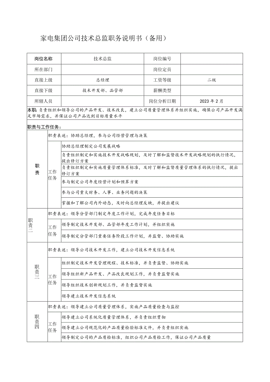 家电集团公司技术总监职务说明书(备用).docx_第1页