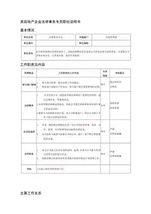 某房地产企业法律事务专员职位说明书.docx