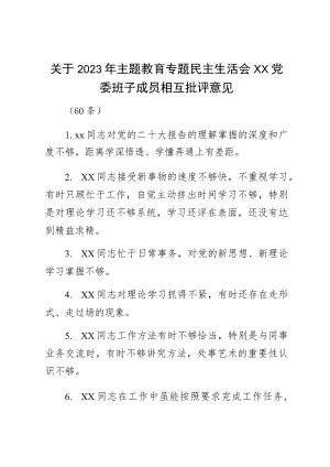关于2023年主题教育专题民主生活会××党委班子成员相互批评意见（60条）.docx