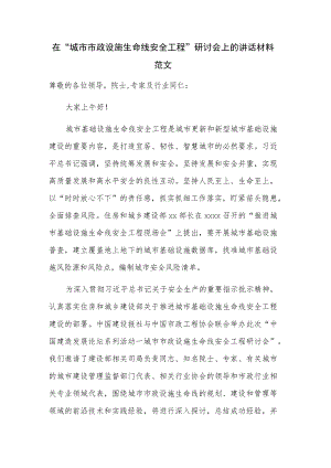 在“城市市政设施生命线安全工程”研讨会上的讲话材料范文.docx