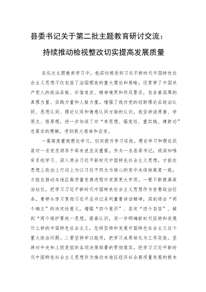 县委书记关于第二批主题教育研讨交流：持续推动检视整改+切实提高发展质量.docx