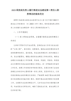 2023局党政负责人履行推进法治建设第一责任人职责情况的报告范文.docx
