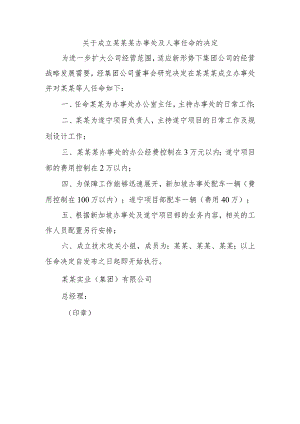 关于成立某某某办事处及人事任命的决定.docx
