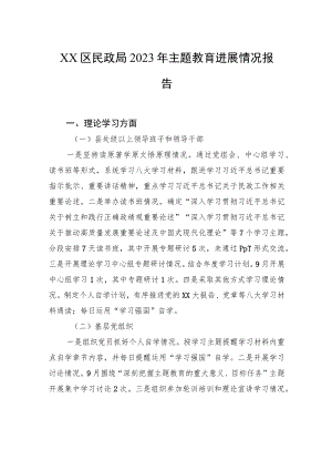 XX区民政局2023年主题教育进展情况报告.docx