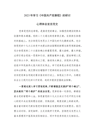 2023年学习《中国共产党章程》的研讨心得体会发言范文.docx