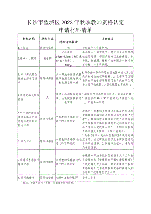 长沙市望城区2023年秋季教师资格认定申请材料清单.docx