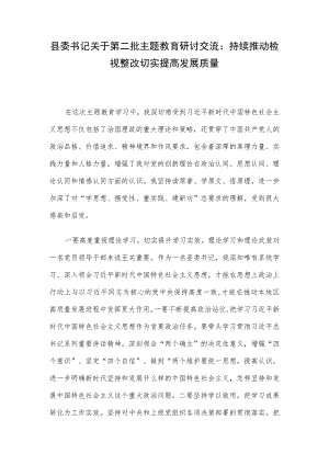 县委书记关于第二批主题教育研讨交流：持续推动检视整改 切实提高发展质量.docx